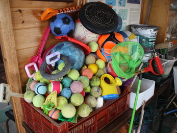 Pile of toys and balls collected from Colne Point beach