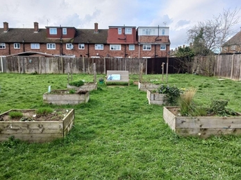 Photo of the raised beds at Clayburn Community Gardens