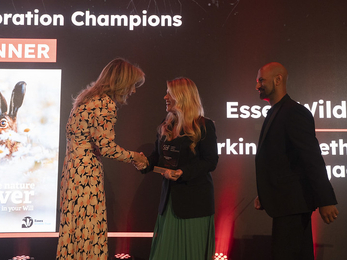 Lizzy Steward accepting legacy award on stage with a handshake. 
