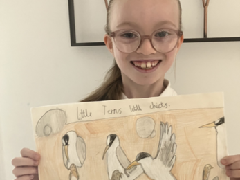Willow holds her little terns drawing.