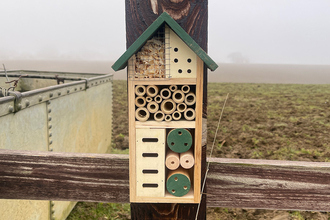 Bug hotel hanging on a fence