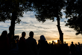 Looking at crowd watching something at sunset in the woods.
