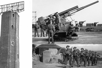 Pictures from world war 2, showing The Naze Tower, Soldiers manning artillery guns.