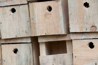 Multiple wooden nestboxes stacked on top of each other.