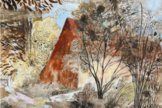 Abstract looking painting of house amongst trees