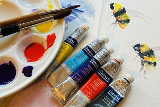 Partial water colour of a bee with paints