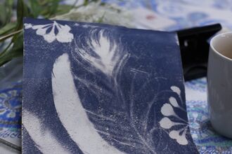 blue and white photography print 