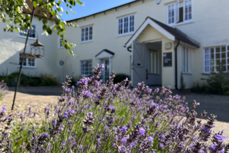 A close up of lavender in front of Abbotts Hall's office building in the background.