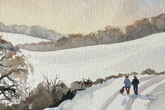 Winter watercolour of who people walking a dog in the snow