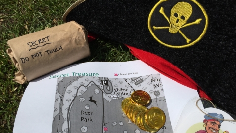 Secret treasure map, gold coins and pirate hat