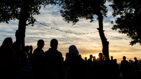 Looking at crowd watching something at sunset in the woods. 