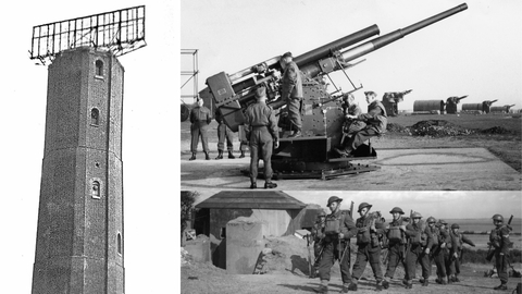 Pictures from world war 2, showing The Naze Tower, Soldiers manning artillery guns.
