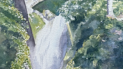 Watercolour of a waterfall in soft greens and white. There is an arch or a bridge in the background.