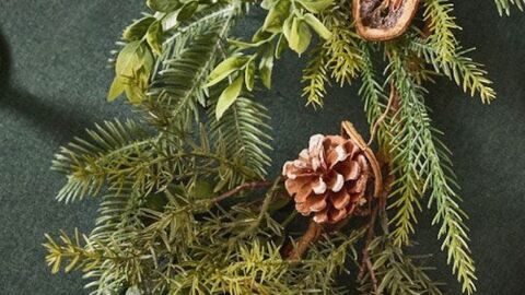 Berries, pine cone and green foliage in the shape of a long garland.