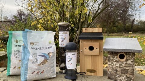 Bird feed, bird feeders and nest boxes