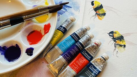 Partial water colour of a bee with paints