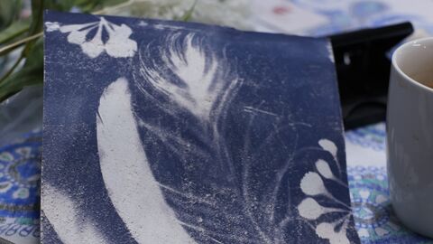 blue and white photography print 