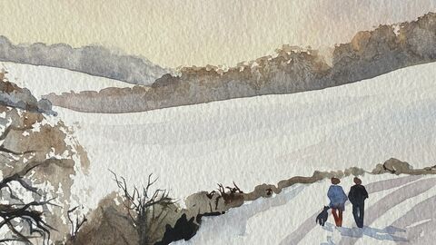 Winter watercolour of who people walking a dog in the snow