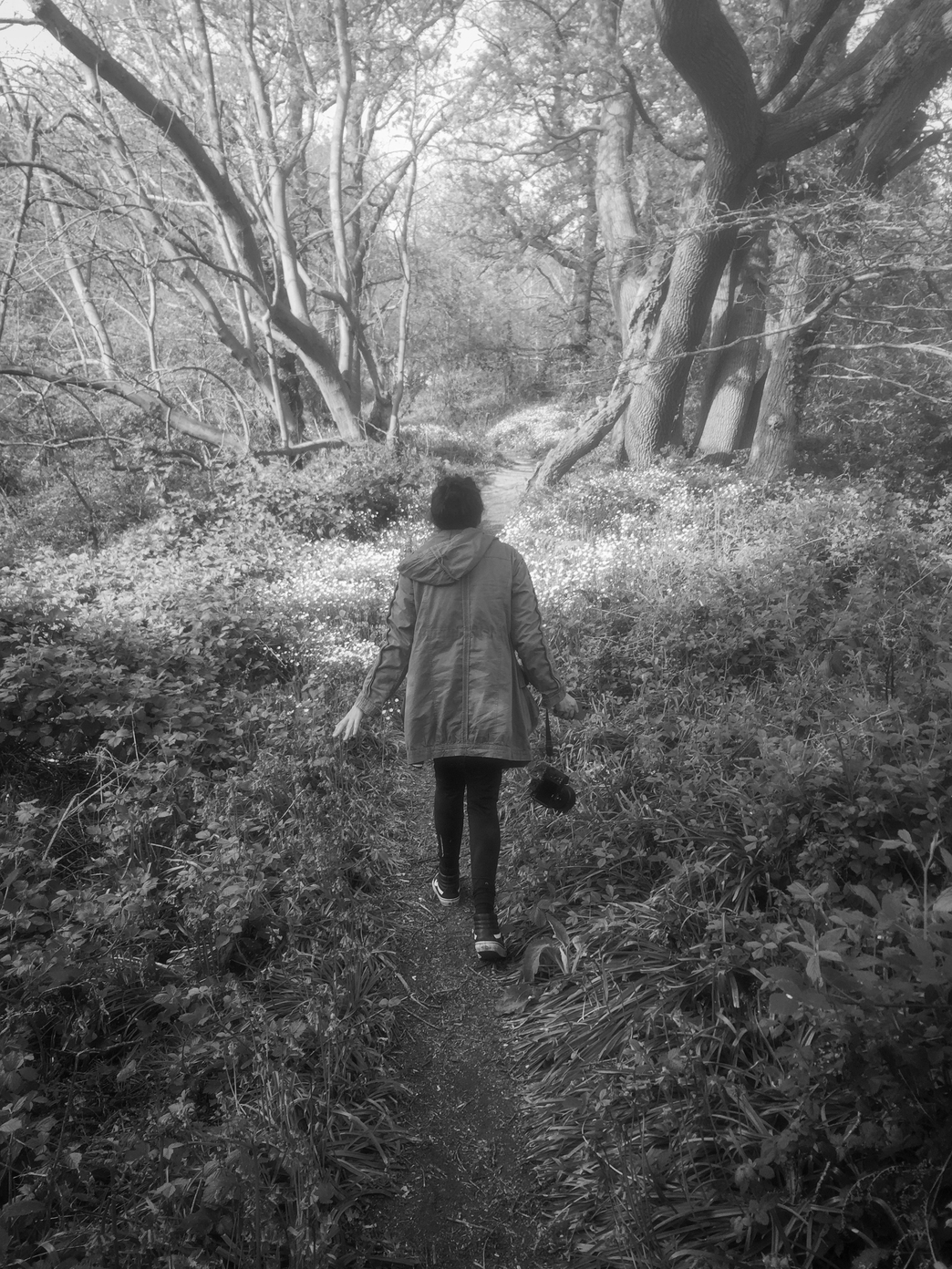 Jo walking through the woods
