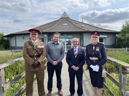 Lieutenant Colonel Ed Rankin and Essex County Councillor, Derrick Louis, Lord Lieutenant Mrs Jennifer Tolhurst and CEO Rich Yates outside Abberton Reservoir Nature Discovery Park.
