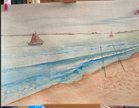 Watercolour beach scene with fishing rods in foreground.