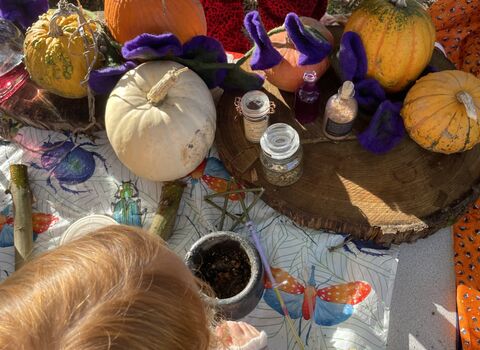 Child making potions in front of pumpkins at halloween event